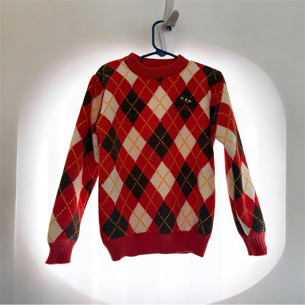 Kids Winter Sweater | Warm Fleece Lined | Argyle Red Beige | Nw/oT | 120